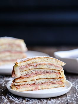 Ever had a monte cristo sandwich? You've never had one like this - these Monte Cristo Pancakes have pancakes instead of bread, with a filling of ham, cheese, and raspberry jam.