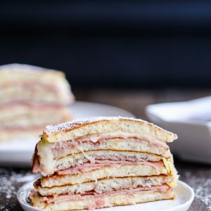 Ever had a monte cristo sandwich? You've never had one like this - these Monte Cristo Pancakes have pancakes instead of bread, with a filling of ham, cheese, and raspberry jam.