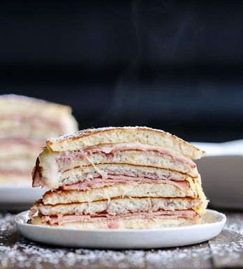 Ever had a monte cristo sandwich? You've never had one like this - these Monte Cristo Pancakes have pancakes instead of bread, with a filling of ham, cheese, and raspberry jam.