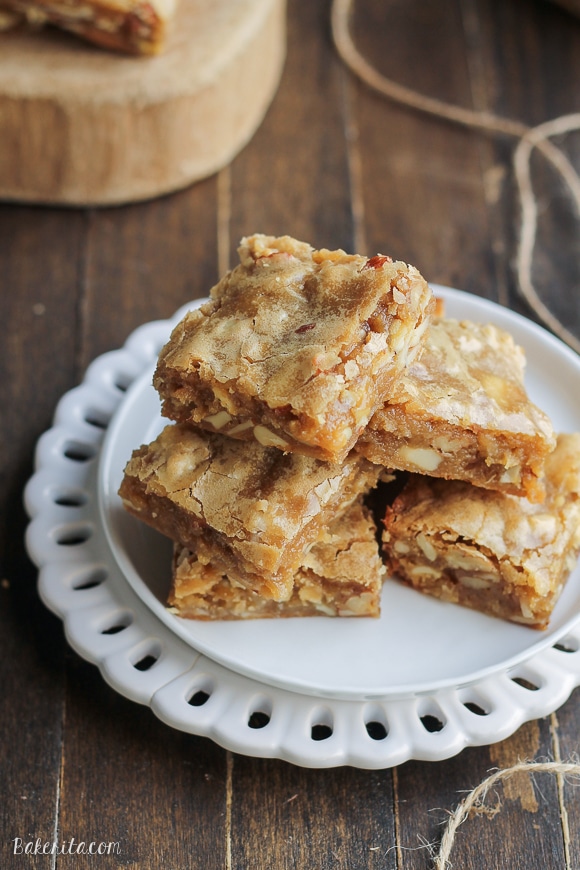 These Nutty Blondies are a soft and chewy brown sugar blondie filled with sliced almonds, pecans, and cashews. You'll love these chewy treats!