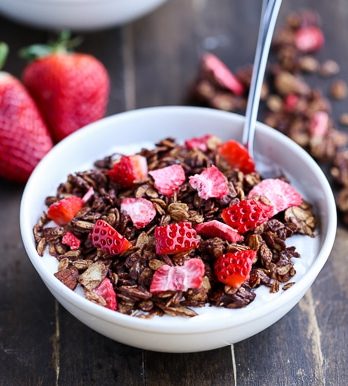 This Chocolate Strawberry Granola is healthy enough to eat for breakfast, but so delicious you'll want to have it for dessert too! This easy granola recipe is gluten-free and vegan.