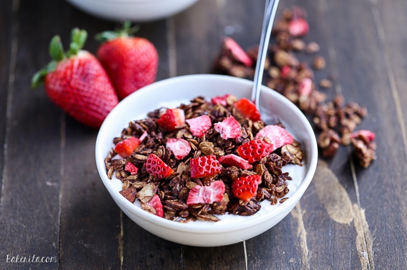This Chocolate Strawberry Granola is healthy enough to eat for breakfast, but so delicious you'll want to have it for dessert too! This easy granola recipe is gluten-free and vegan.