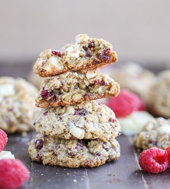 These Raspberry White Chocolate Oatmeal Cookies are super thick with crisp edges, big chunks of white chocolate and freeze dried raspberries.