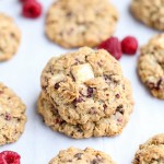 These Raspberry White Chocolate Oatmeal Cookies are super thick with crisp edges, big chunks of white chocolate and freeze dried raspberries.