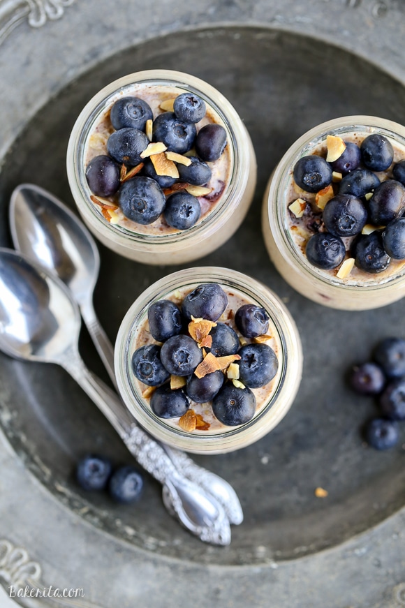 These Blueberry Muffin Overnight Oats come together in five minutes so breakfast will be ready right when you wake up! This easy overnight oat recipe tastes like blueberry muffins and can be served cool or warm.
