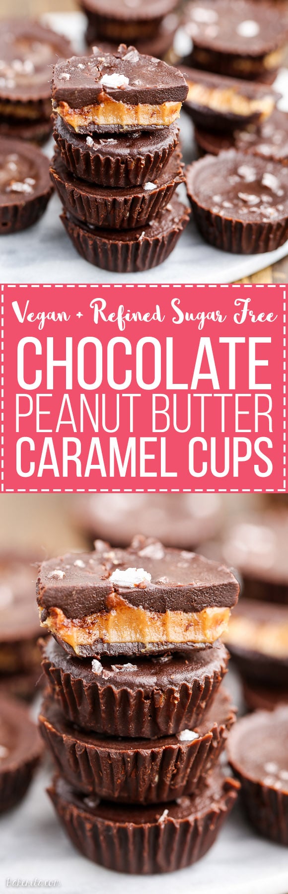 These Chocolate Peanut Butter Caramel Cups are made with homemade chocolate surrounding a gooey vegan peanut butter caramel. These refined sugar free treats are the perfect way to get your candy fix!