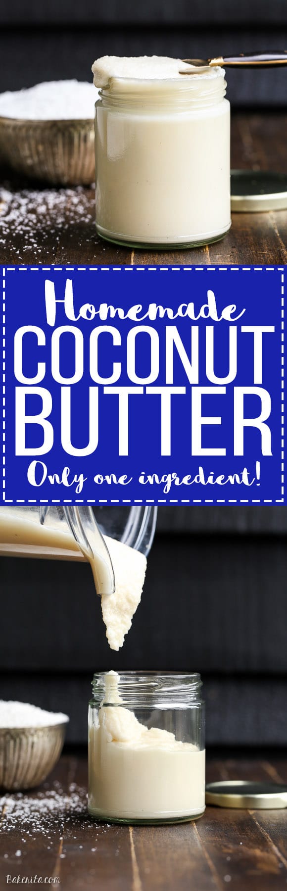 Homemade Coconut Butter has just one ingredient: coconut! It's easy to make at home in a food processor or high-powdered blender and can be used in TONS of ways - it's great as a spread on it's own and can also be used many different recipes.