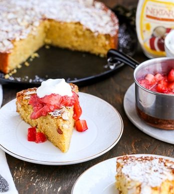 This Gluten Free Honey Cornmeal Cake with Strawberry Compote + Honey Whipped Cream is a gorgeous dish that's perfect for dessert or brunch!