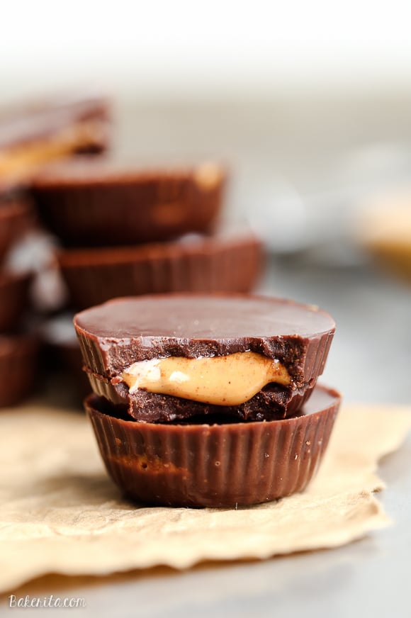 These homemade Peanut Butter Cups are a healthier version of my favorite candy, made with only four ingredients! They are made with a refined sugar-free + vegan homemade chocolate and sprinkled with flaky sea salt.