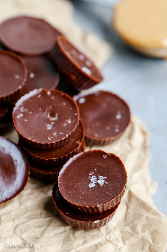 These homemade Peanut Butter Cups are a healthier version of my favorite candy, made with only four ingredients! They are made with a refined sugar-free + vegan homemade chocolate and sprinkled with flaky sea salt.