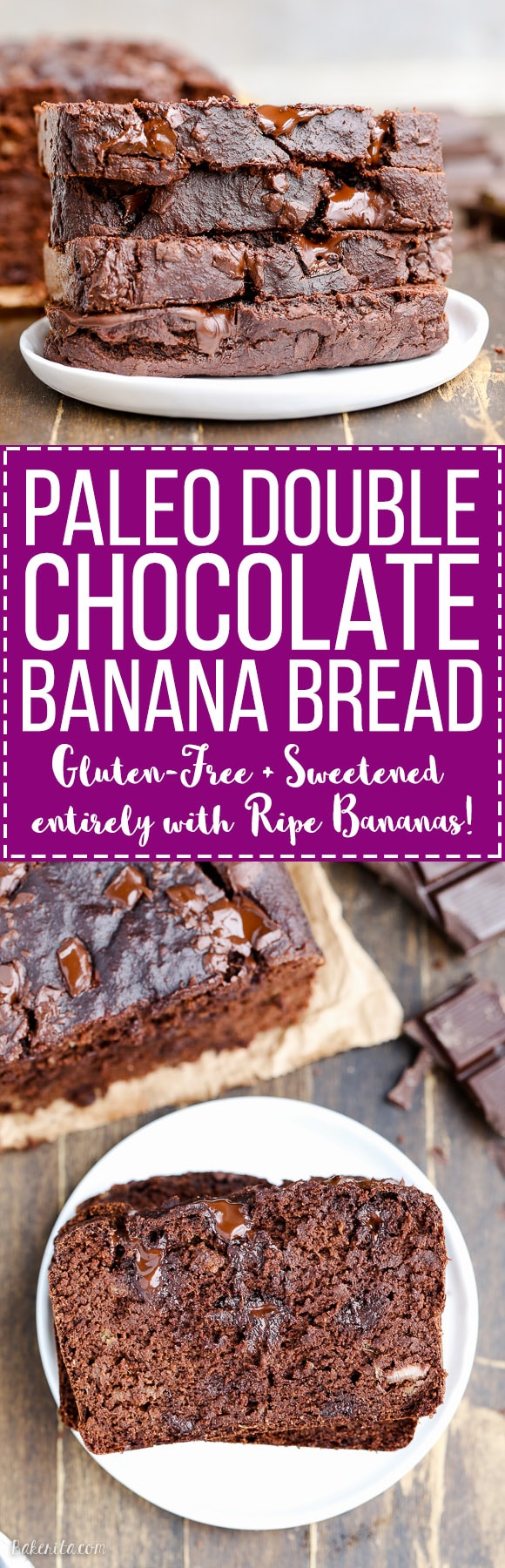 This Paleo Double Chocolate Banana Bread is perfectly moist and gooey with an incredibly deep chocolate flavor, and you'd never guess it's sweetened entirely by ripe bananas.