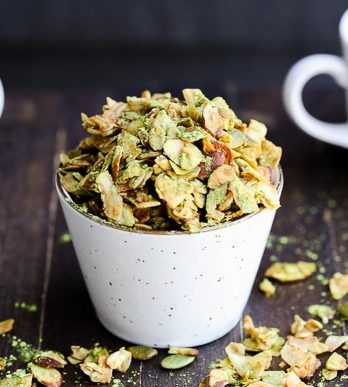This Matcha Granola has clusters of oats, coconut flakes, almonds, and pepitas tossed with earthy matcha powder. Whether you enjoy it over yogurt or by the handful, this gluten free and vegan granola probably won't last long.