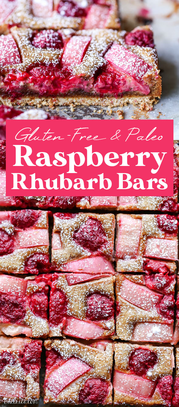 These Paleo Raspberry Rhubarb Almond Bars have an crisp almond-flour crust topped with soft almond frangipane, fresh raspberries, and tart rhubarb. This recipe is Paleo, gluten free + refined sugar free.