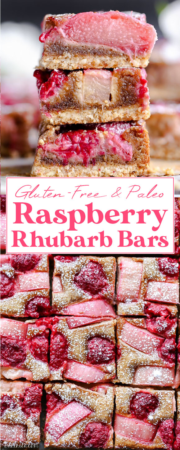 These Paleo Raspberry Rhubarb Almond Bars have an crisp almond-flour crust topped with soft almond frangipane, fresh raspberries, and tart rhubarb. This recipe is Paleo, gluten free + refined sugar free.