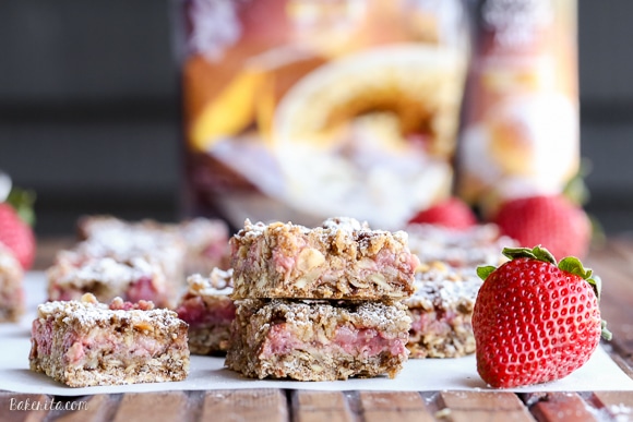 These Strawberry Oatmeal Crumble Bars feature fresh strawberries and an oatmeal crumb crust that doubles as the crumble topping! This quick and easy recipe is gluten-free and vegan.