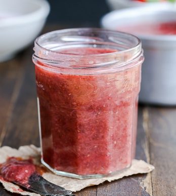 This Strawberry Rhubarb Chia Jam is refined sugar free and made without pectin - it uses chia seeds as the thickener! This easy refrigerator jam is refined sugar free, vegan, and Paleo-friendly.