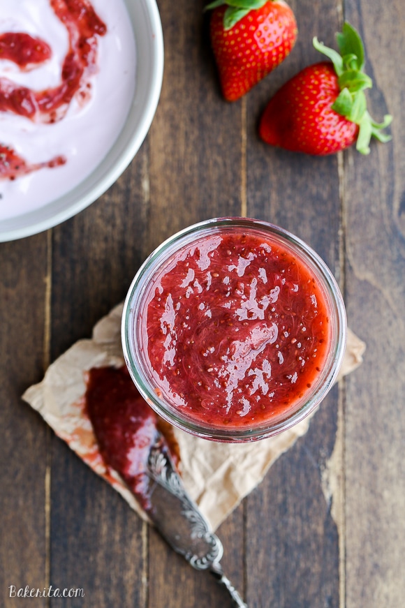 This Strawberry Rhubarb Chia Jam has fresh and vibrant fruit flavor, and it's made without pectin - it uses chia seeds as the thickener! This easy refrigerator jam is refined sugar free, vegan and Paleo-friendly.