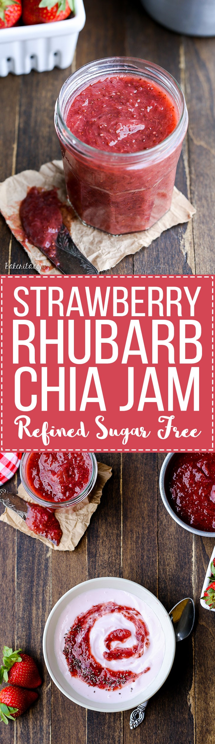This Strawberry Rhubarb Chia Jam is refined sugar free and made without pectin - it uses chia seeds as the thickener! This easy refrigerator jam is refined sugar free, vegan and Paleo-friendly.