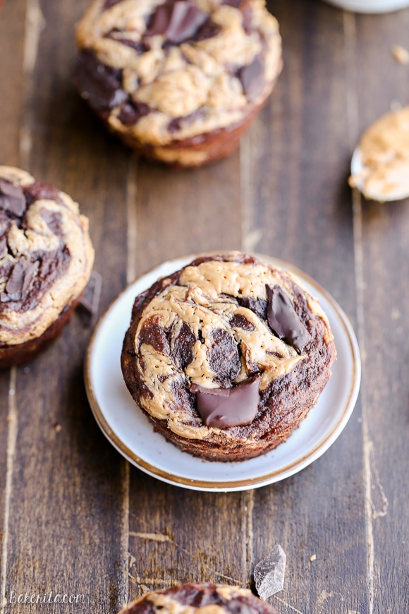 These Chocolate Peanut Butter Banana Muffins are loaded with chocolate chunks and have a peanut butter swirl - you'd never guess that they're gluten-free and the batter is sweetened entirely with bananas!