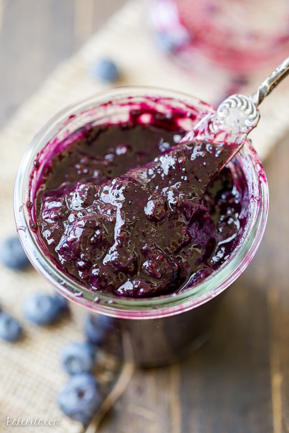 This Blueberry Chia Jam is a healthier homemade jam, made in just 20 minutes! This Paleo + refined sugar free jam is sweetened with maple syrup and naturally thickened with chia seeds.