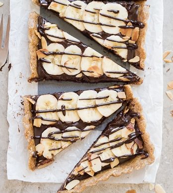 This No-Bake Chocolate Banana Tart has an easy date crust, filled with creamy chocolate ganache and sliced bananas! This quick and simple recipe is only has five ingredients and it's gluten-free, Paleo and vegan.
