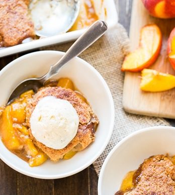 This Peach Cobbler has a crispy, fluffy topping with a simple peach filling - it's the most perfect summer dessert! This is a gluten-free, Paleo, and vegan treat that you don't want to miss.