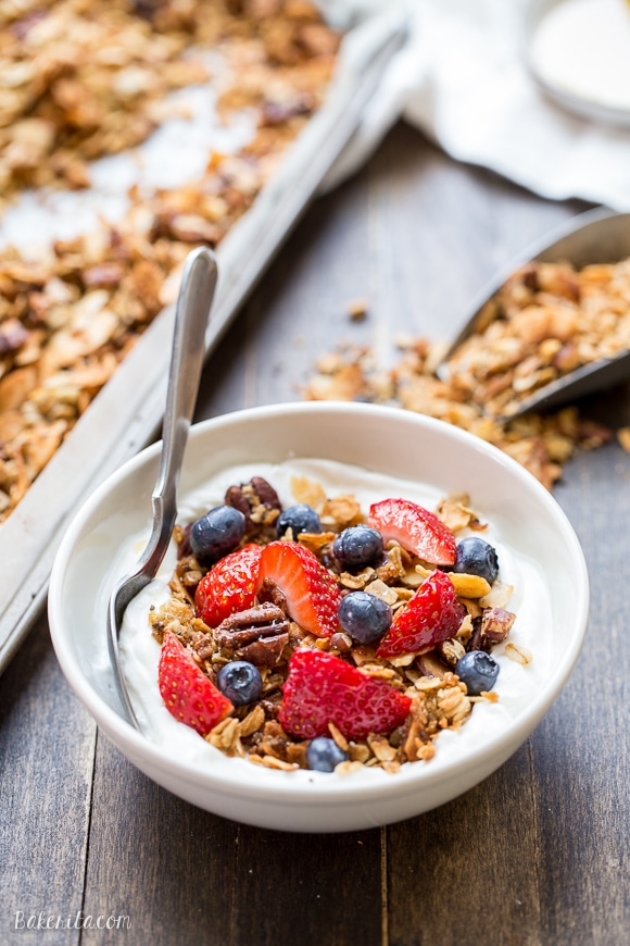 This crunchy Protein Granola gets a major dose of protein & fiber from a secret ingredient - lentils! This gluten-free & vegan granola is a delicious and filling breakfast or snack.