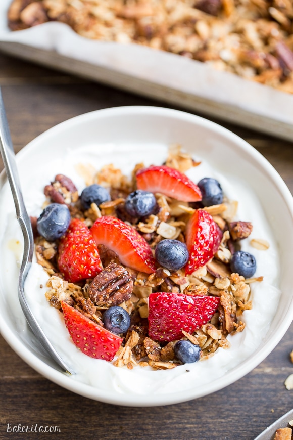 This crunchy Protein Granola gets a major dose of protein & fiber from a secret ingredient - lentils! This gluten-free & vegan granola is a delicious and filling breakfast or snack.