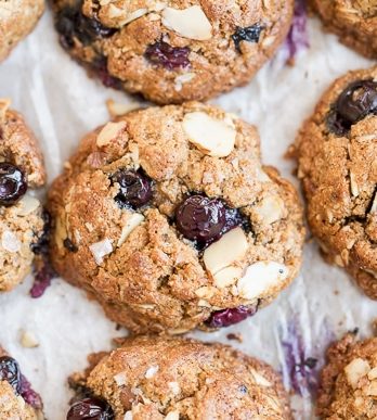 Almond Blueberry Breakfast Cookies are a quick and healthy breakfast treat, snack, or dessert. These hearty breakfast cookies, made with rolled oats and almond butter, are gluten free, refined sugar free, and bursting with fresh blueberries!