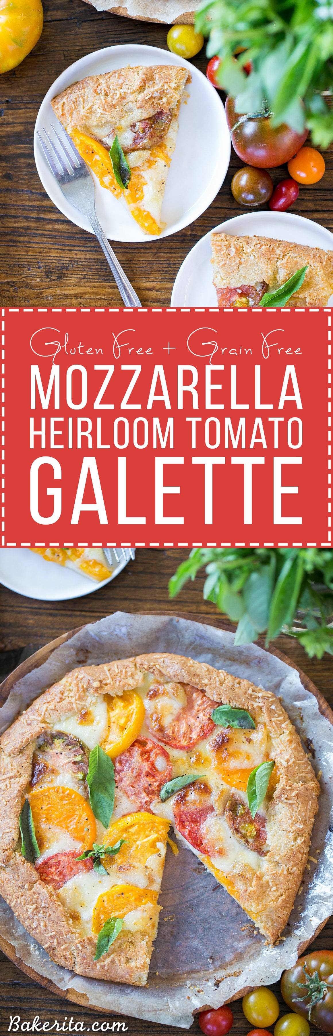 This Mozzarella Heirloom Tomato Galette showcases beautiful heirloom tomatoes bubbling with melted mozzarella cheese, all tucked into a gluten-free + grain-free Parmesan crust.