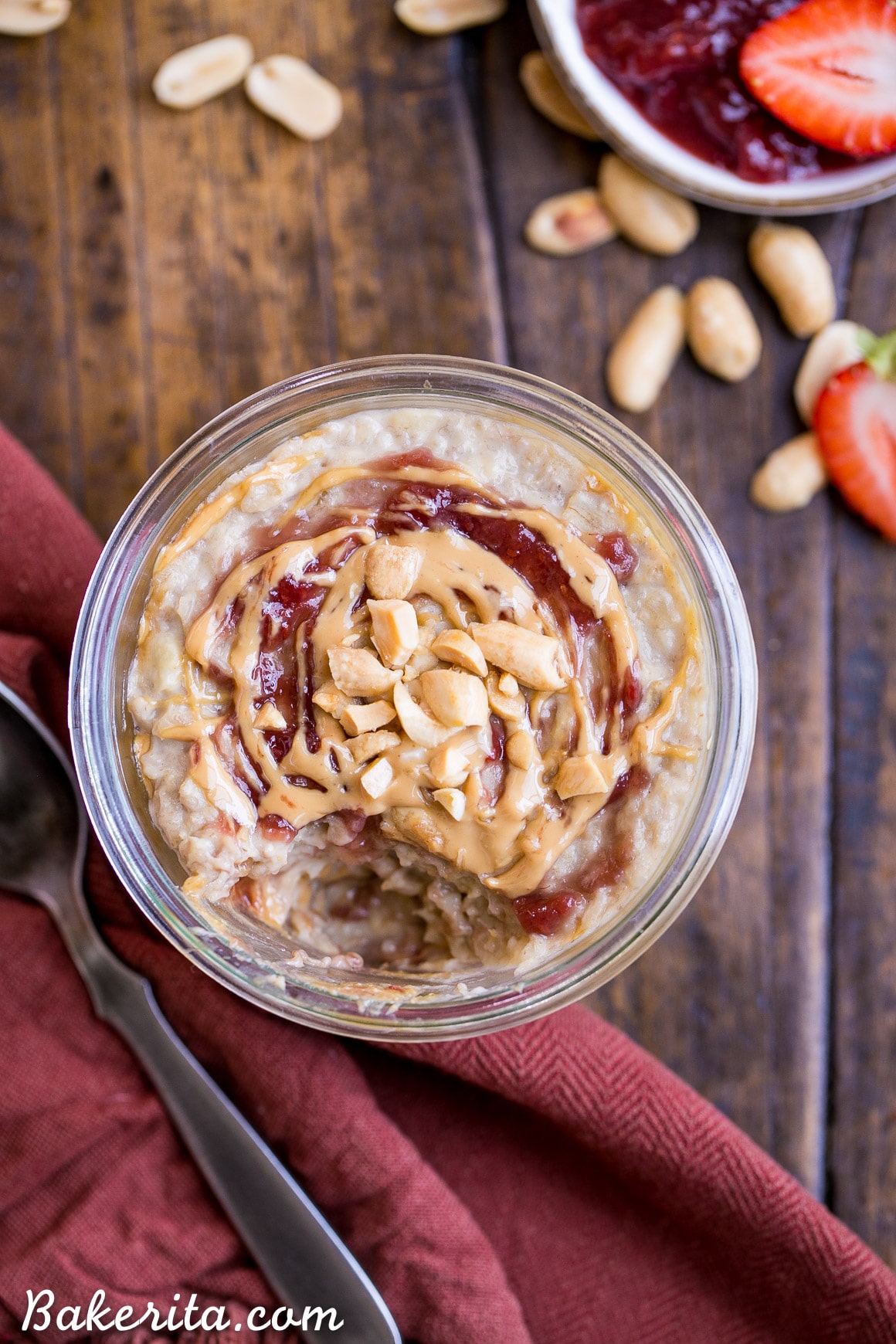 Start your morning with Peanut Butter & Jelly Oatmeal for a healthy & delicious breakfast treat! This gluten-free and vegan oatmeal is sweetened with a ripe banana.