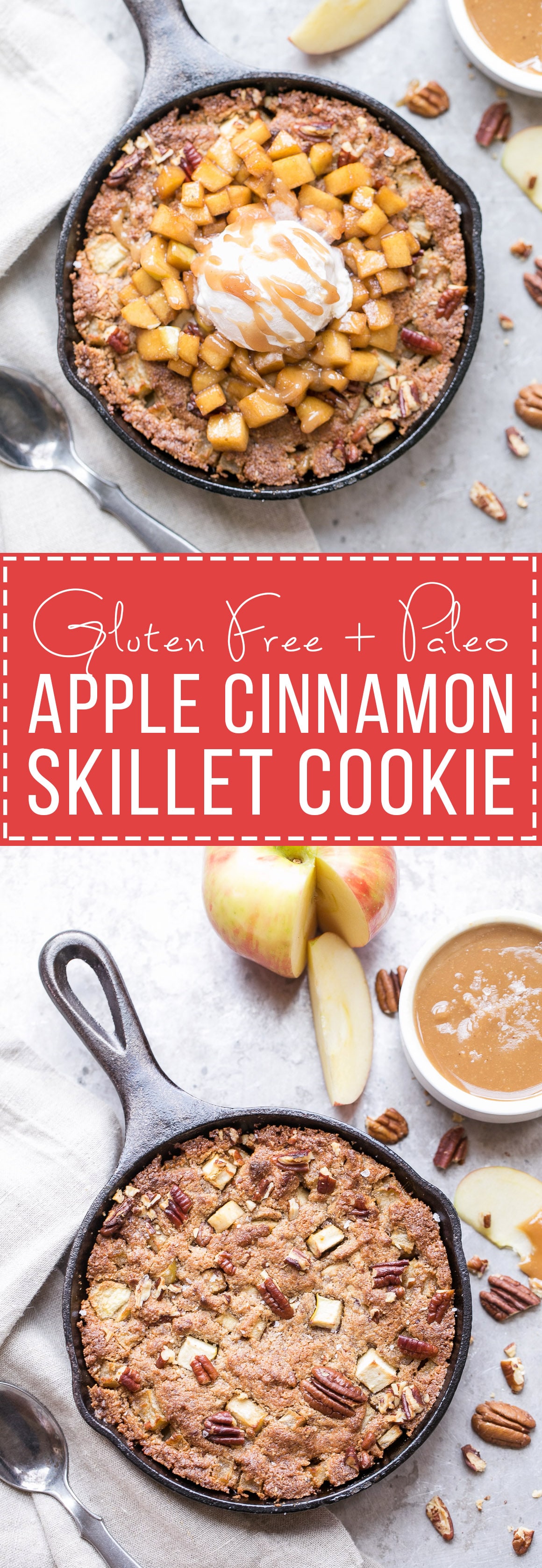 This Apple Cinnamon Skillet Cookie is a deep-dish spiced cookie that's loaded with fresh diced apples and warm fall spices! This gluten-free, refined sugar-free, and Paleo-friendly skillet cookie is topped with caramelized apples.