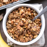 This Banana Almond Butter Grain Free Granola is a crunchy + filling snack, made without any grains or refined sugars! It makes the perfect yogurt or smoothie bowl topping, or just grab a handful to hold you over until your next meal.