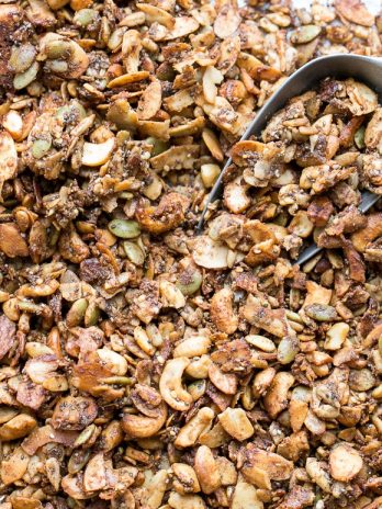 This Banana Almond Butter Grain Free Granola is a crunchy + filling snack, made without any grains or refined sugars! It makes the perfect yogurt or smoothie bowl topping, or just grab a handful to hold you over until your next meal.