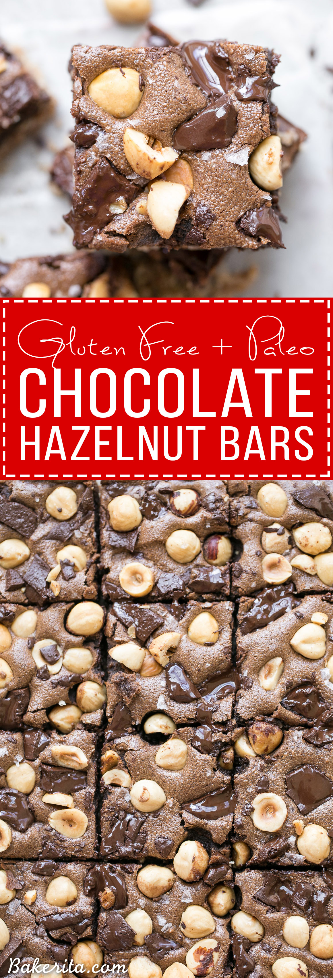 These Chocolate Hazelnut Bars have a hazelnut flour crust and are topped with dark chocolate chunks + crunchy hazelnuts. These gluten-free, Paleo + refined sugar free bars get even fudgier the day after they're made!