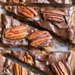This Chocolate Pecan Tart has a chocolate shortbread crust, pecan pie filling, and is topped with dark chocolate ganache, pecans + a sprinkle of sea salt! You won't believe that this is gluten-free, Paleo, refined sugar free, and vegan.