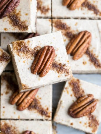 These Chai Cheesecake Bars are tangy and full of spicy chai flavor - they have a vegan cashew cheesecake filling and a pecan date crust. These creamy cheesecake bars are gluten-free, paleo, vegan, and there's no baking required!
