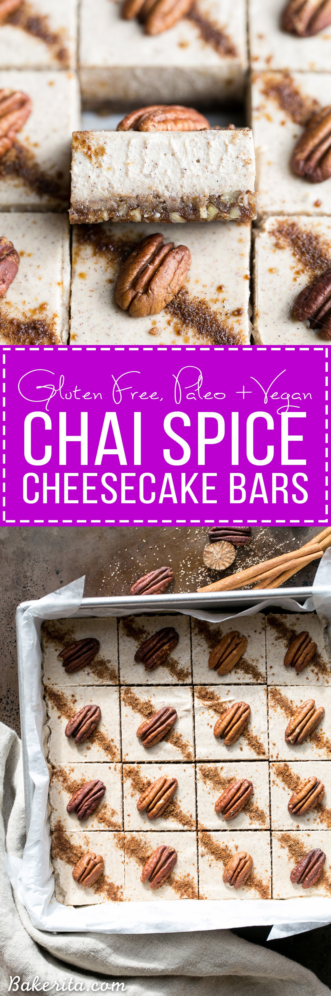 These Chai Cheesecake Bars are tangy and full of spicy chai flavor - they have a vegan cashew cheesecake filling and a pecan date crust. These creamy cheesecake bars are gluten-free, paleo, vegan, and there's no baking required!