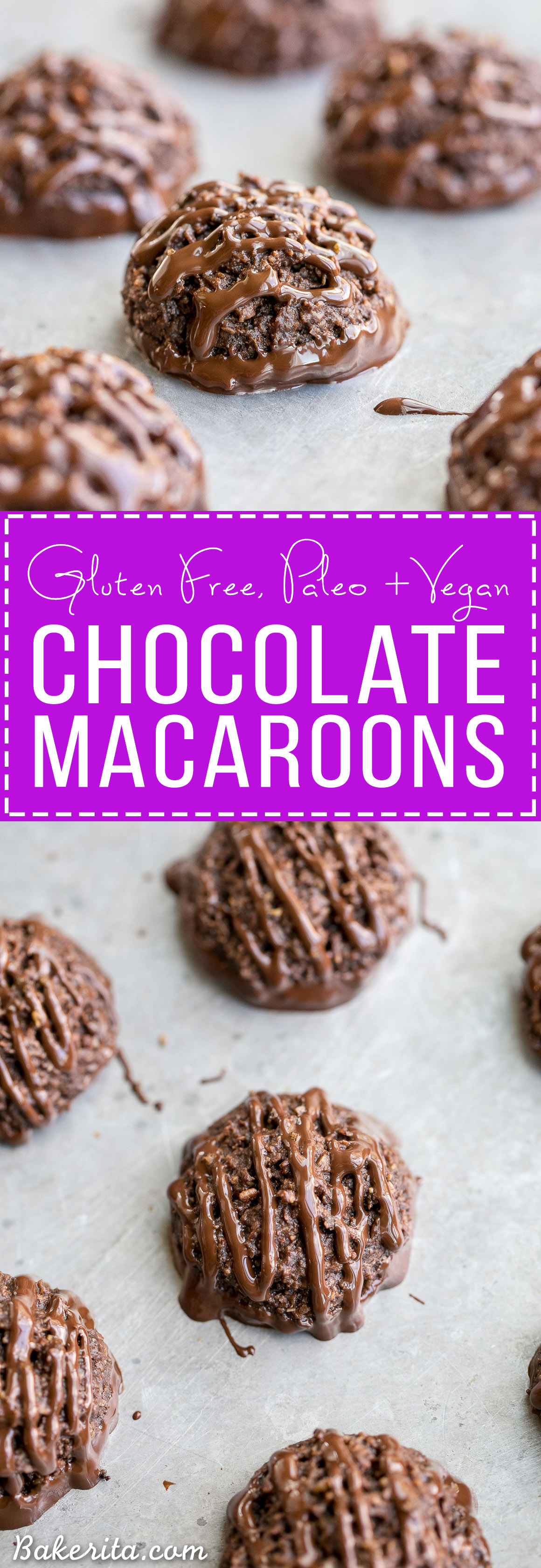 These Double Chocolate Macaroons are made super chocolatey with both cocoa powder and melted chocolate. These easy cookies are dipped and drizzled with chocolate, and they're gluten-free, Paleo + vegan.