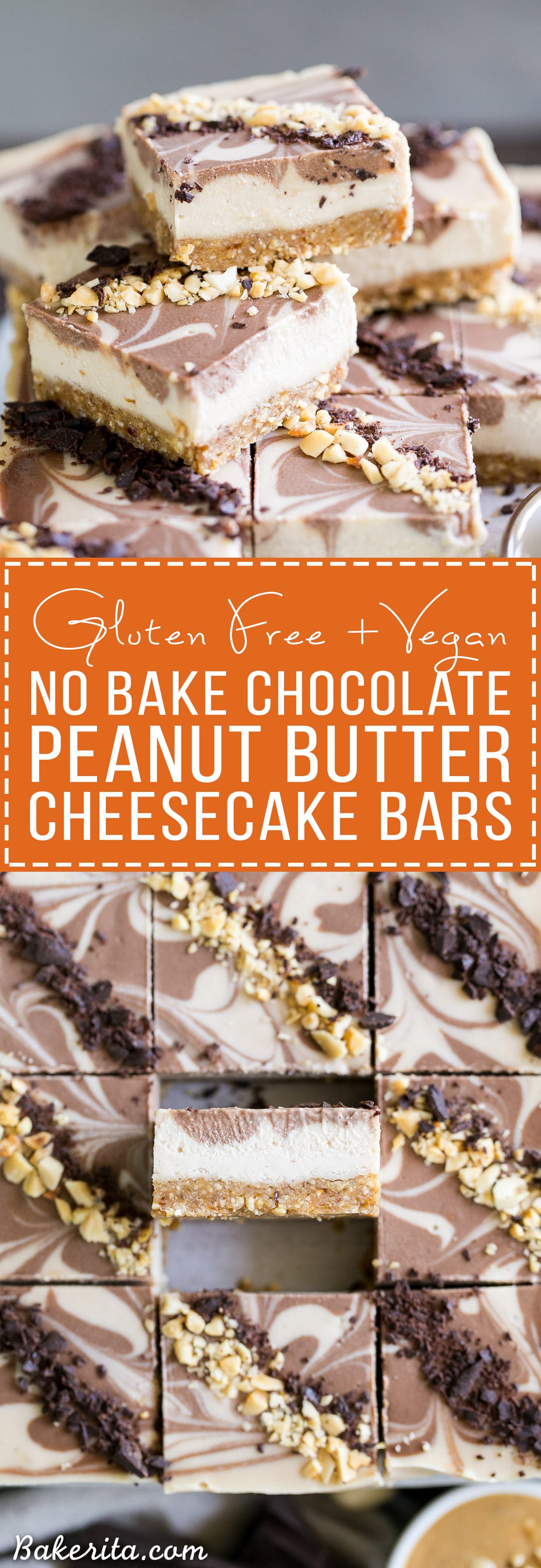 These No-Bake Chocolate Peanut Butter Cheesecake Bars have a peanut date crust and a super creamy cashew-based peanut butter filling - you'd never guess that they're vegan, gluten free, and refined sugar free!