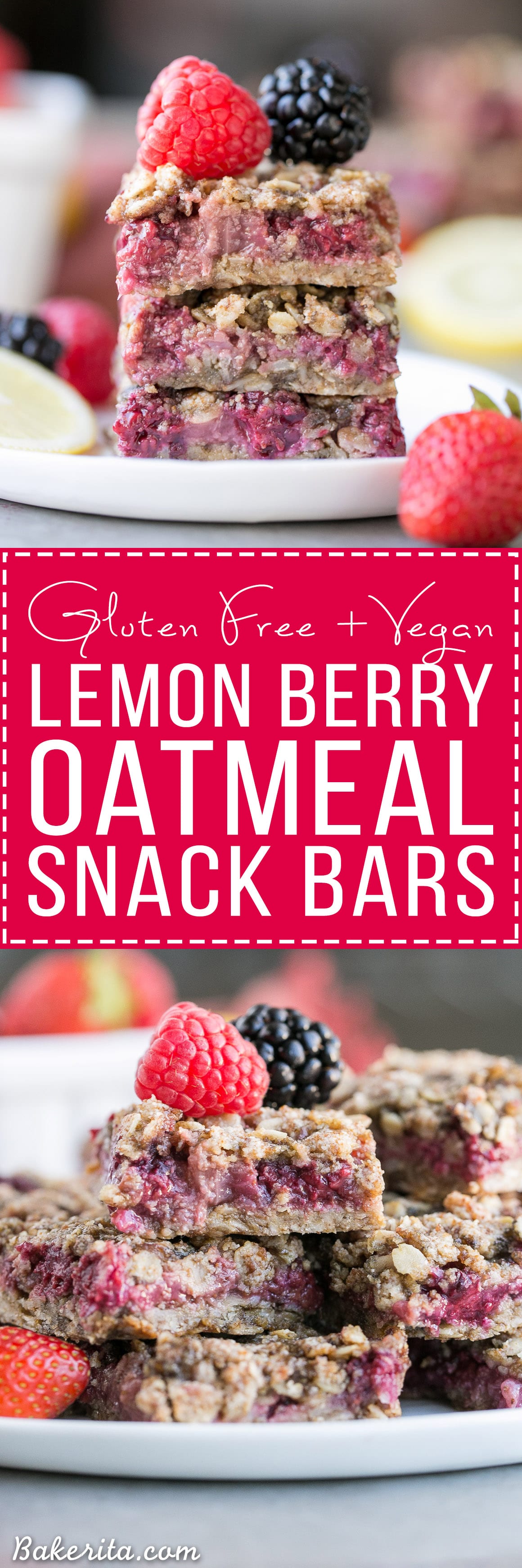 These Lemon Berry Oatmeal Snack Bars are the perfect mid-day treat or dessert to satisfy your hunger! These snack bars have an oatmeal crust, a tangy lemon mixed berry filling, and they're gluten-free + vegan.