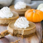 These Mini Pumpkin Cheesecakes have a crunchy, salty pretzel crust that pairs irresistibly well with the spiced pumpkin cheesecake filling! Topped with a swirl of whipped cream, this is a gluten-free dessert everyone will go nuts for - it's perfect for the holidays.
