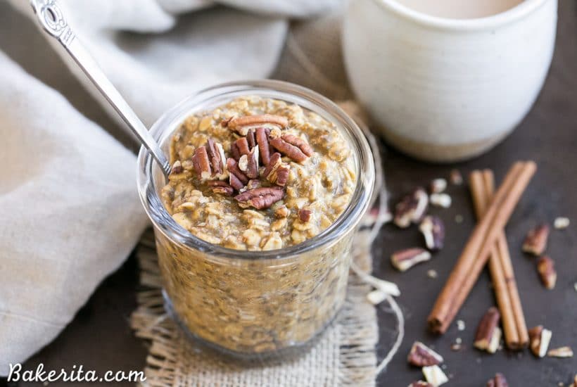 These Pumpkin Spice Latte Overnight Oats, with pumpkin puree and cinnamon, will help you start your morning deliciously! Prep only takes a few minutes and they can be enjoyed straight from the fridge or warmed up.
