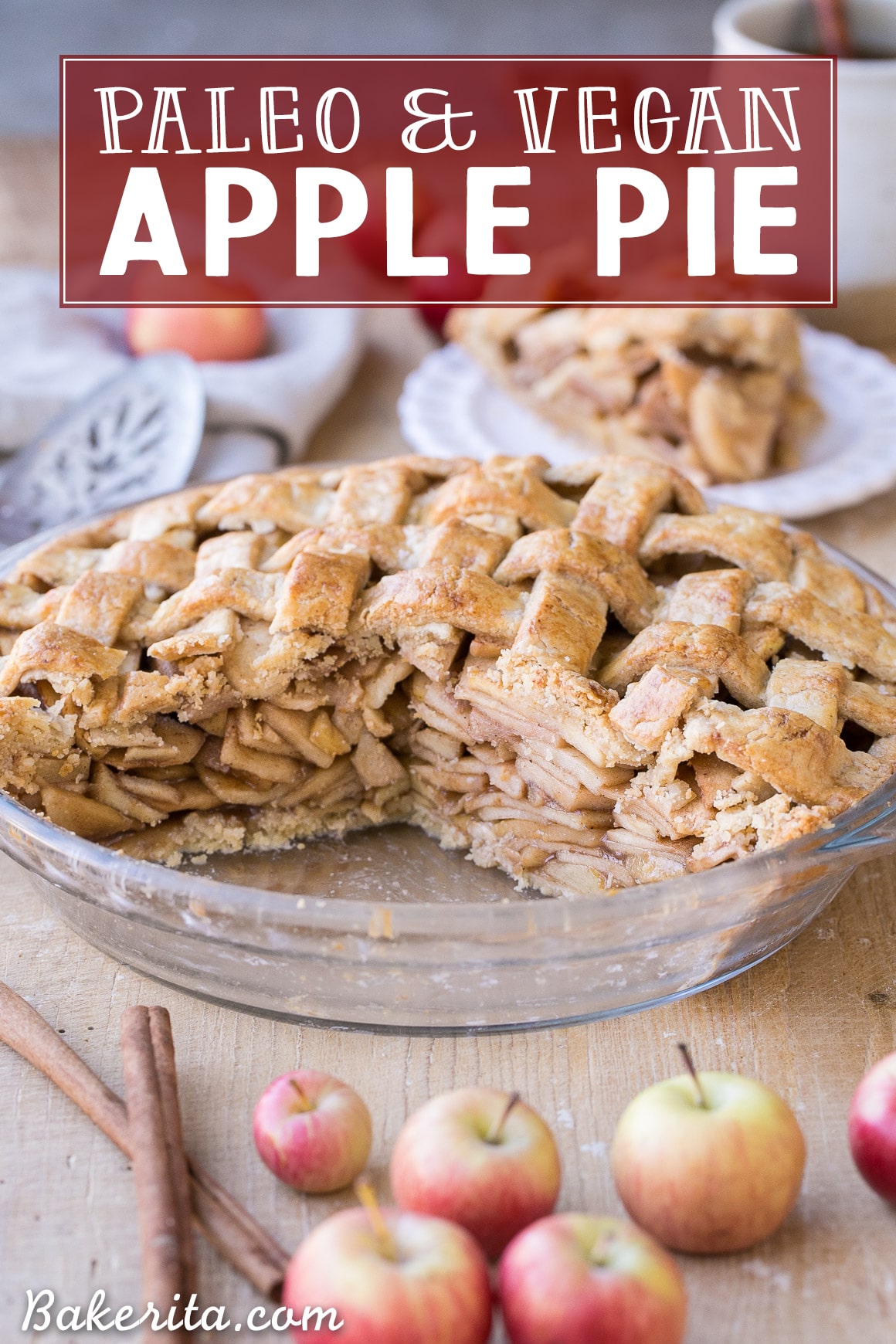 This Paleo Apple Pie has a flaky gluten-free lattice crust with a delicious spiced apple filling! This healthier apple pie recipe is the perfect paleo Thanksgiving dessert. This recipe has a vegan option.