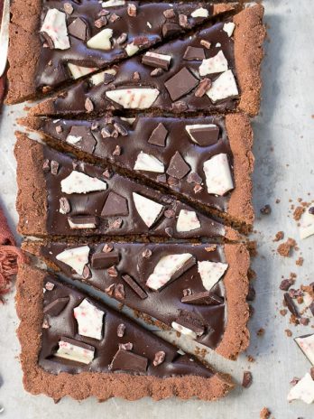 This Gluten-Free Peppermint Mocha Tart has a chocolate shortbread crust filled with a luscious peppermint mocha chocolate ganache! This quick + easy dessert is perfect for the holidays.