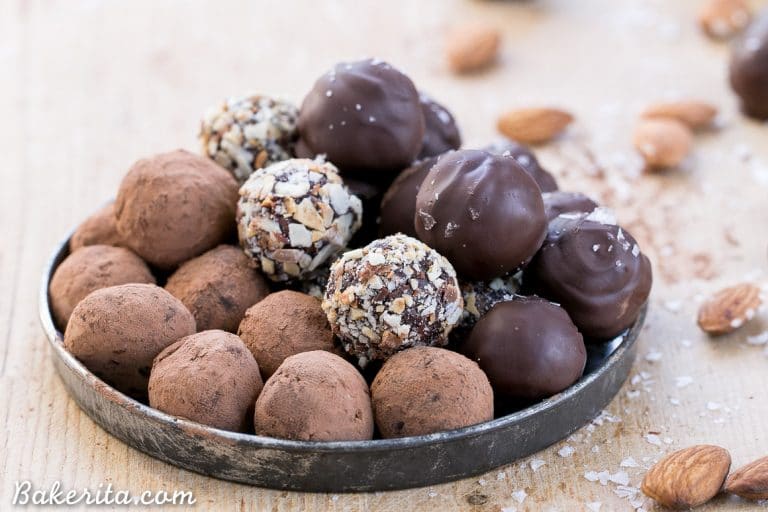 With toasted almonds for crunch and a sprinkle of sea salt on top, these Salted Almond Chocolate Truffles are a chocolate lover's dream! They're easy to make, Paleo-friendly, and vegan. A batch of these truffles makes the perfect holiday gift.