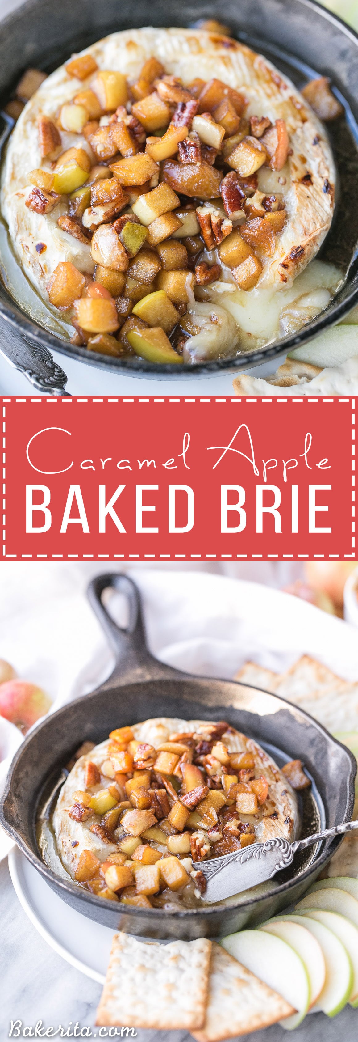 Caramel Apple Baked Brie is a gooey, scrumptious appetizer that's perfect for holiday entertaining! This easy recipe has a caramel apple topping piled on top of wheel of melted brie. It only has 5 ingredients and takes 20 minutes from start to finish.