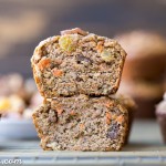 These Paleo Morning Glory Muffins are loaded with bananas, shredded carrots, toasted walnuts, and golden raisins. These easy muffins have NO added sugar - they're sweetened entirely with bananas! They're the perfect on-the-go breakfast or snack.