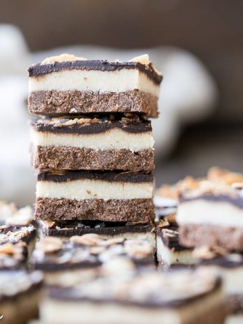 These Chocolate Coconut Bars have three irresistible layers - a chocolate shortbread crust, a melt-in-your-mouth coconut butter filling, and a chocolate topping with toasted coconut! Any coconut lover is going to love these gluten-free, Paleo + vegan dessert bars.