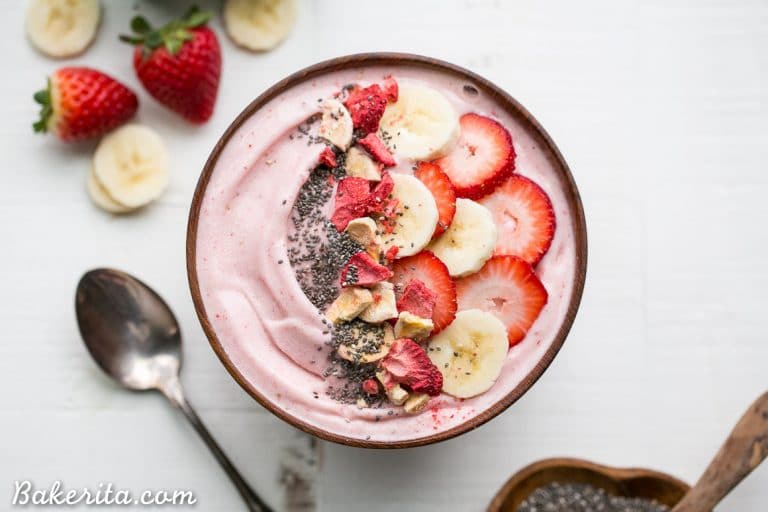 This easy Strawberry Banana Smoothie Bowl is a simple and sweet treat! It's a healthy Paleo + vegan breakfast or snack made with only a few ingredients, and you can add whichever toppings your heart desires to customize to your tastes.
